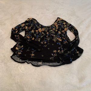 Free People NWT Black Floral Linen Blend Long Sleeve Scoop Neck Top Size XS